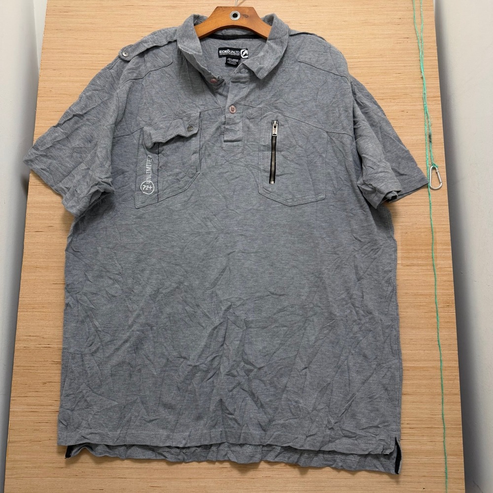 Ecko Unltd Mens XXL Gray Short Sleeve Utility Polo Shirt Pockets Epaulets Cotton